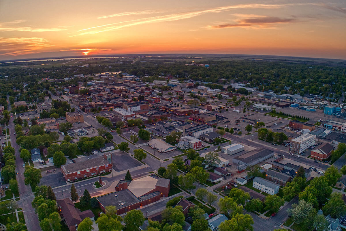 Aerial view of downtown Watertown, SD at sunset